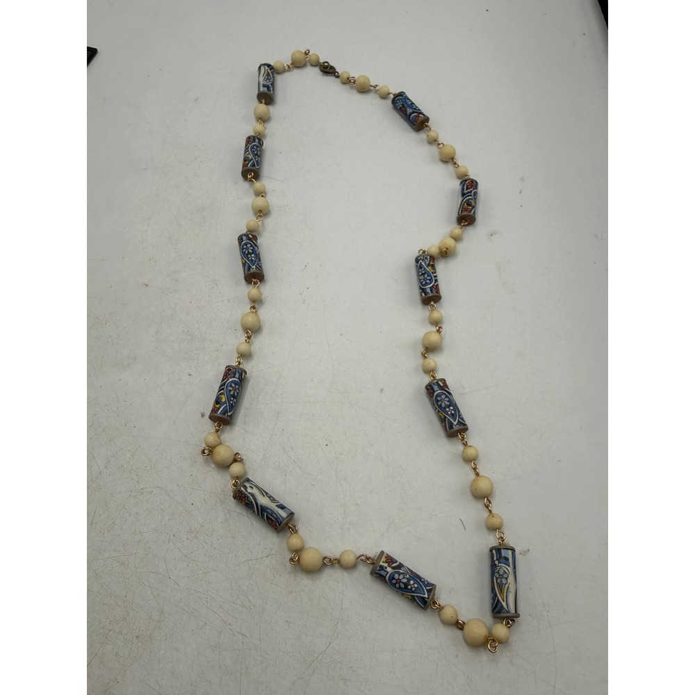 Vintage Hand Painted Ceramic Cylinder Bead Necklace Blue Floral Boho 24 Inch
